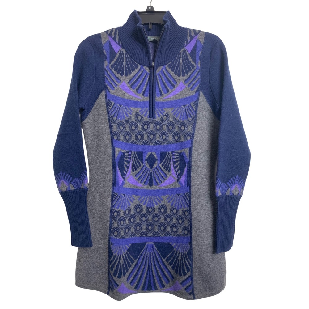 Title Nine Merino Wool Aztec Quarter Zip Tunic Sweater‎ Blue Purple Gray Small